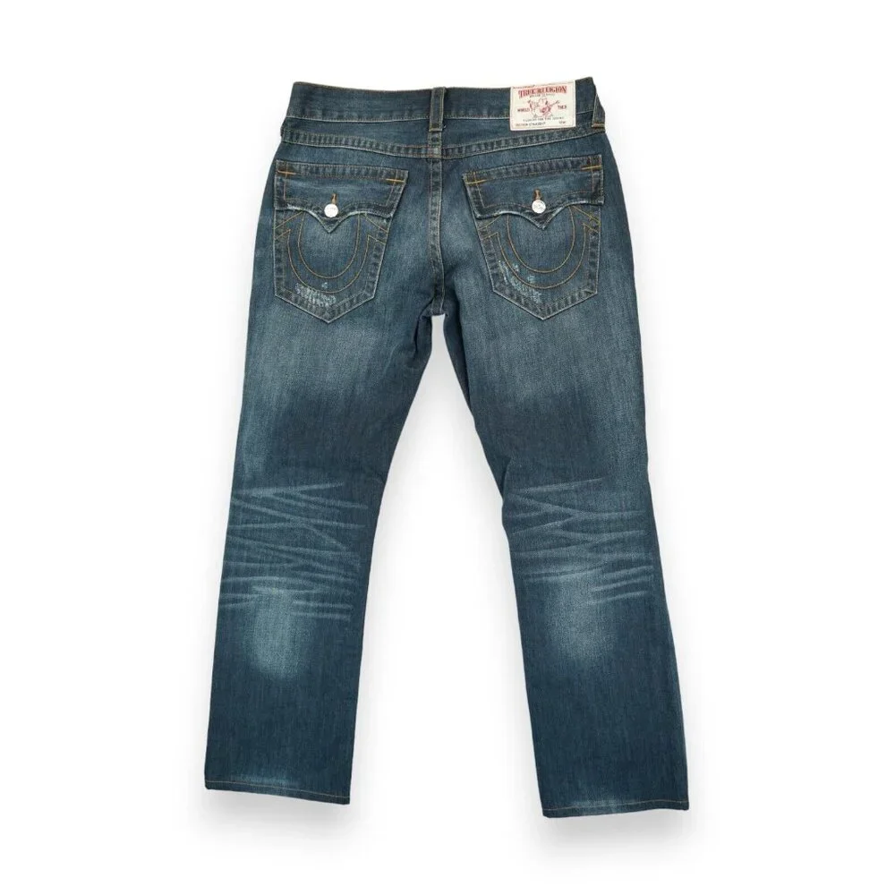 True Religion Men's Straight Paint Splatter Jeans‎ Patched Size 34